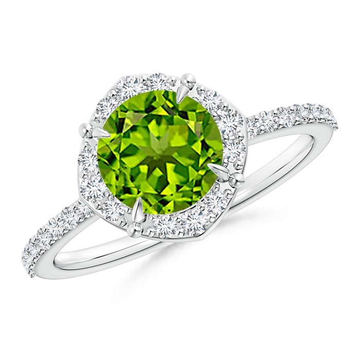 7mm AAAA Vintage Style Claw-Set Round Peridot Halo Ring in White Gold 