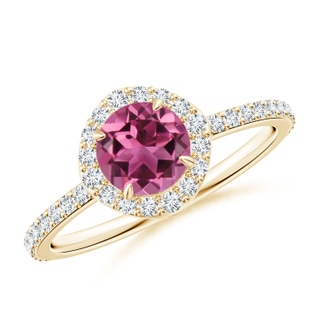 6mm AAAA Vintage Style Claw-Set Round Pink Tourmaline Halo Ring in Yellow Gold