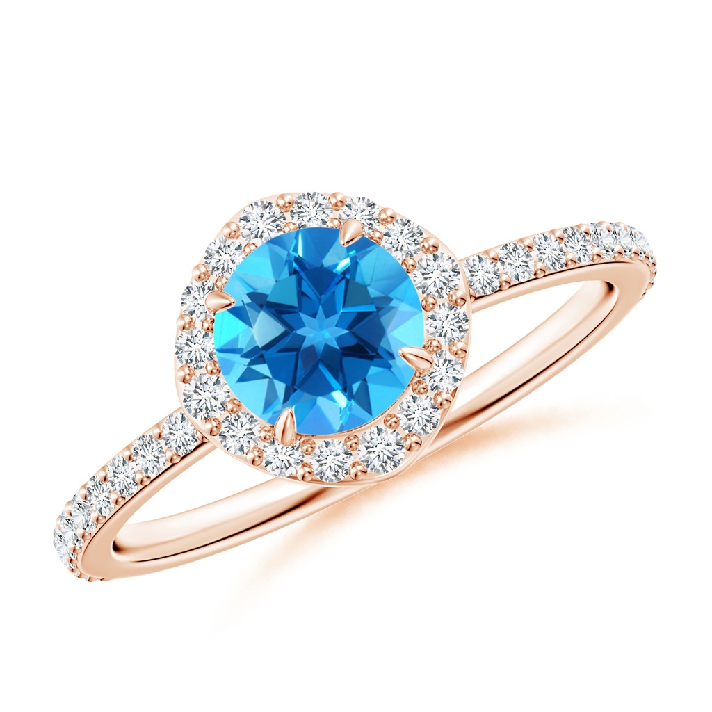 6mm AAAA Vintage Style Claw-Set Round Swiss Blue Topaz Halo Ring in Rose Gold