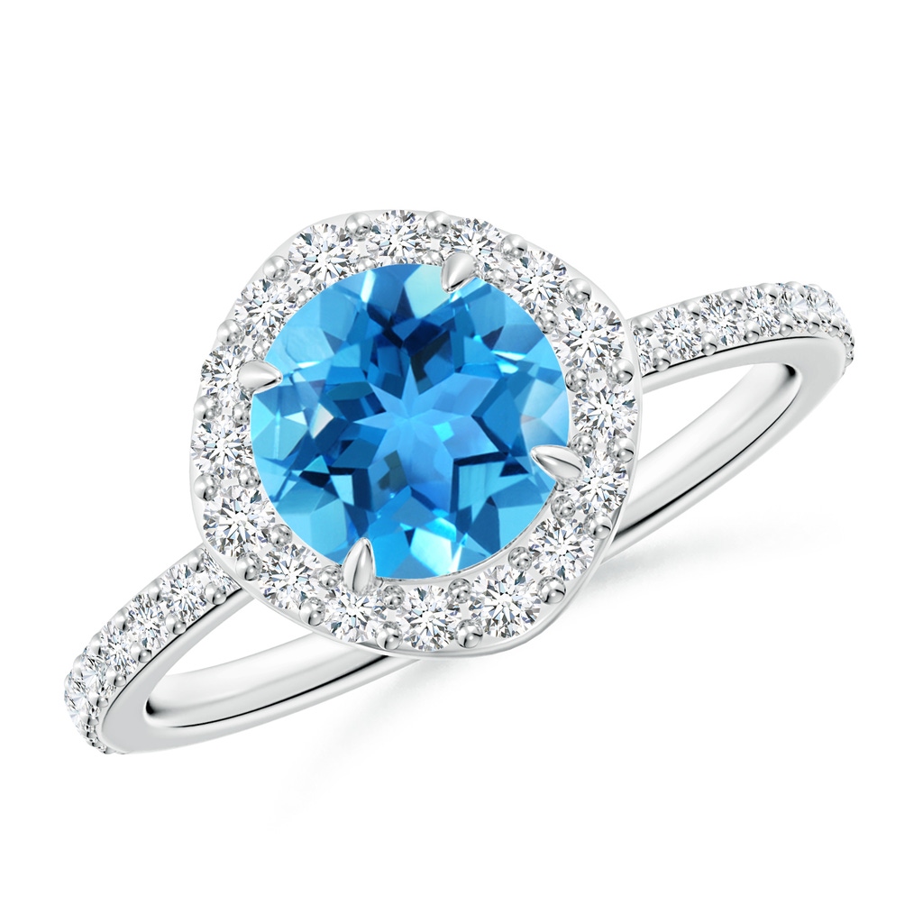7mm AAA Vintage Style Claw-Set Round Swiss Blue Topaz Halo Ring in White Gold