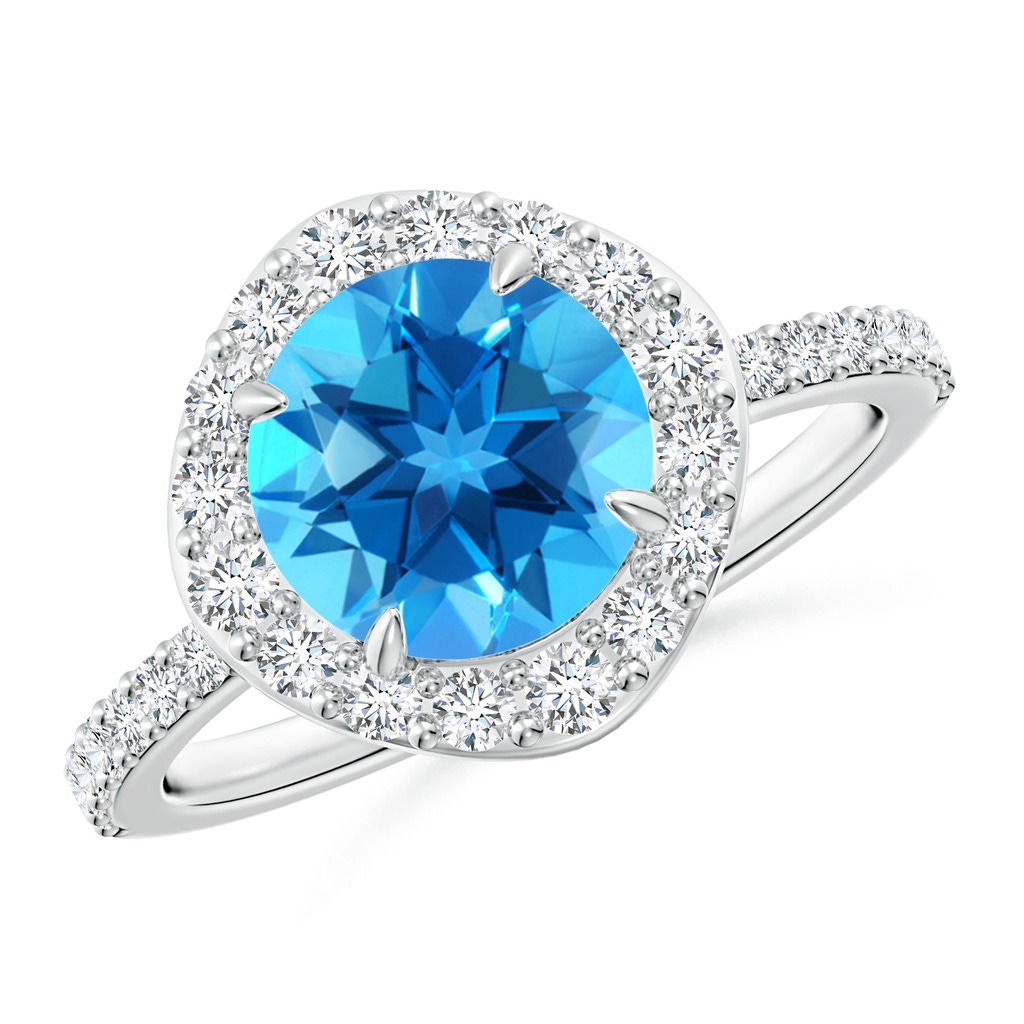 8mm AAAA Vintage Style Claw-Set Round Swiss Blue Topaz Halo Ring in White Gold