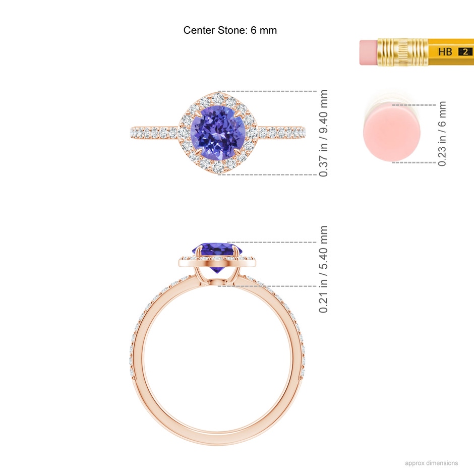 6mm AA Vintage Style Claw-Set Round Tanzanite Halo Ring in Rose Gold ruler