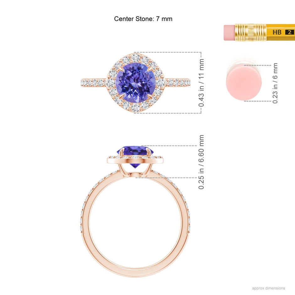 7mm AA Vintage Style Claw-Set Round Tanzanite Halo Ring in Rose Gold ruler
