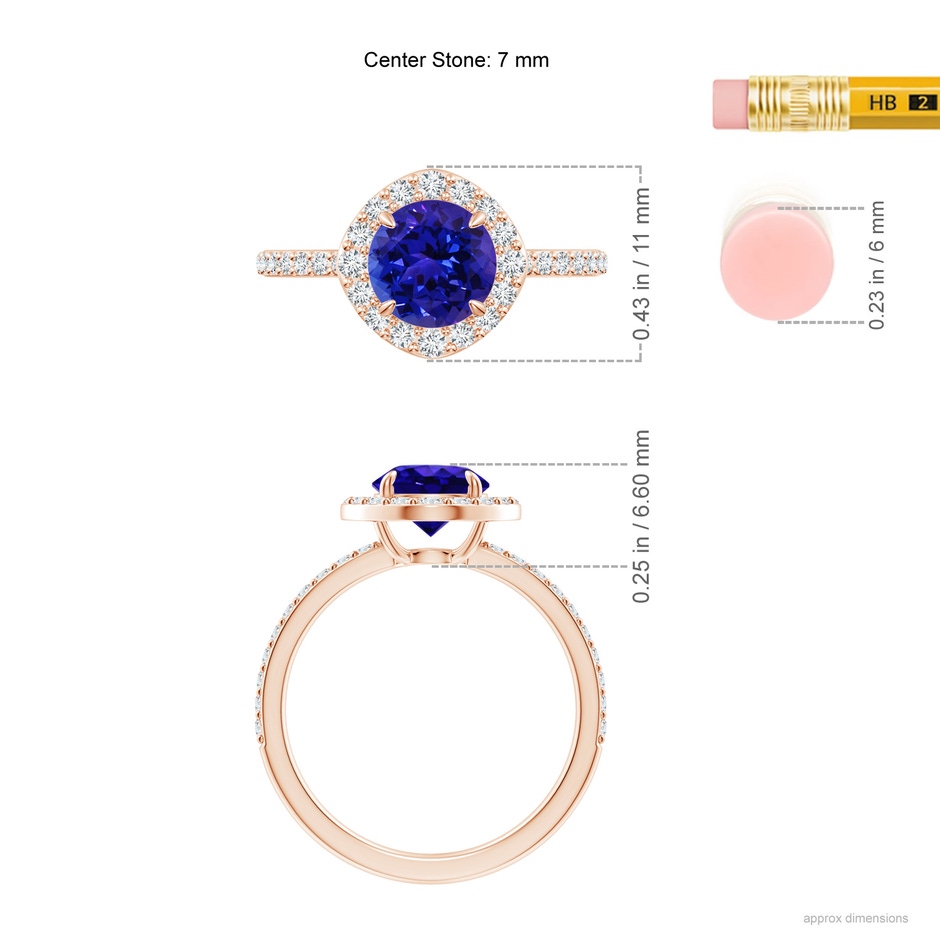 7mm AAAA Vintage Style Claw-Set Round Tanzanite Halo Ring in Rose Gold ruler