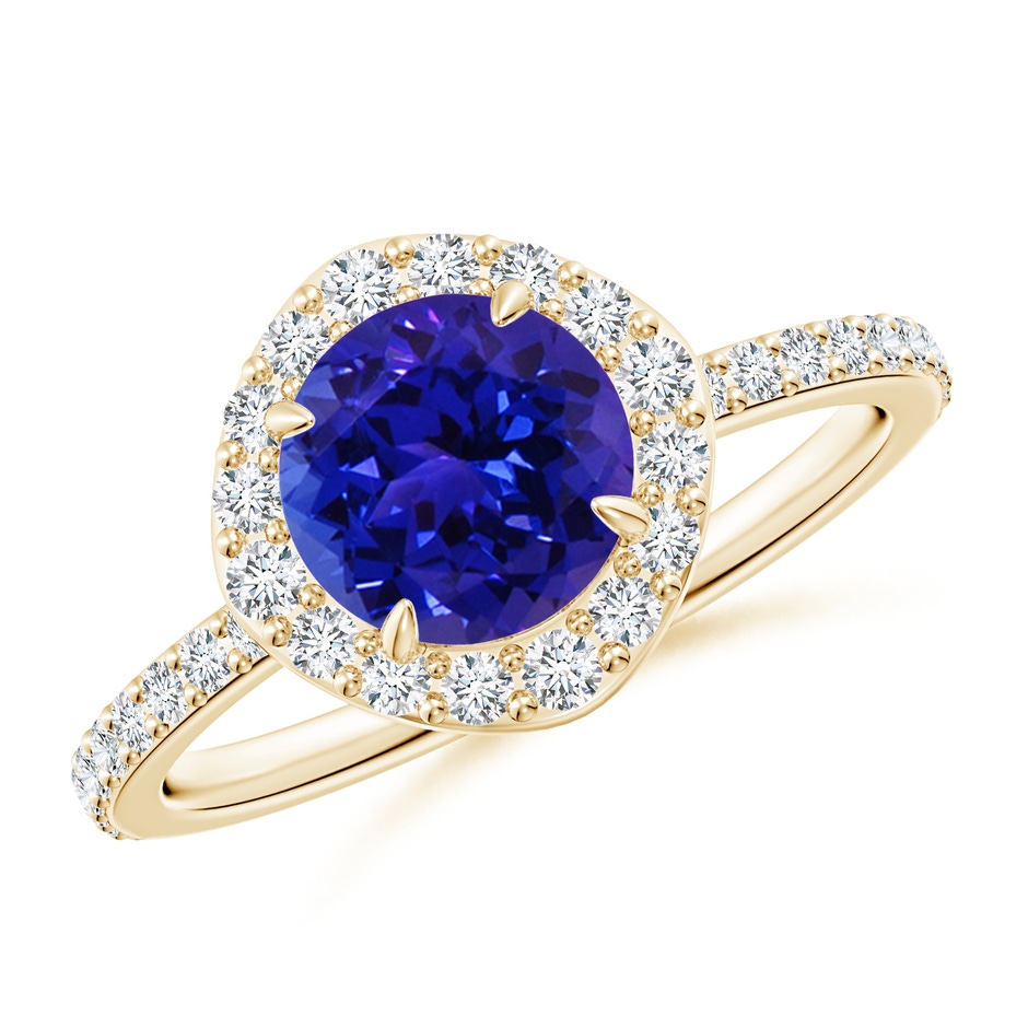 7mm AAAA Vintage Style Claw-Set Round Tanzanite Halo Ring in Yellow Gold 
