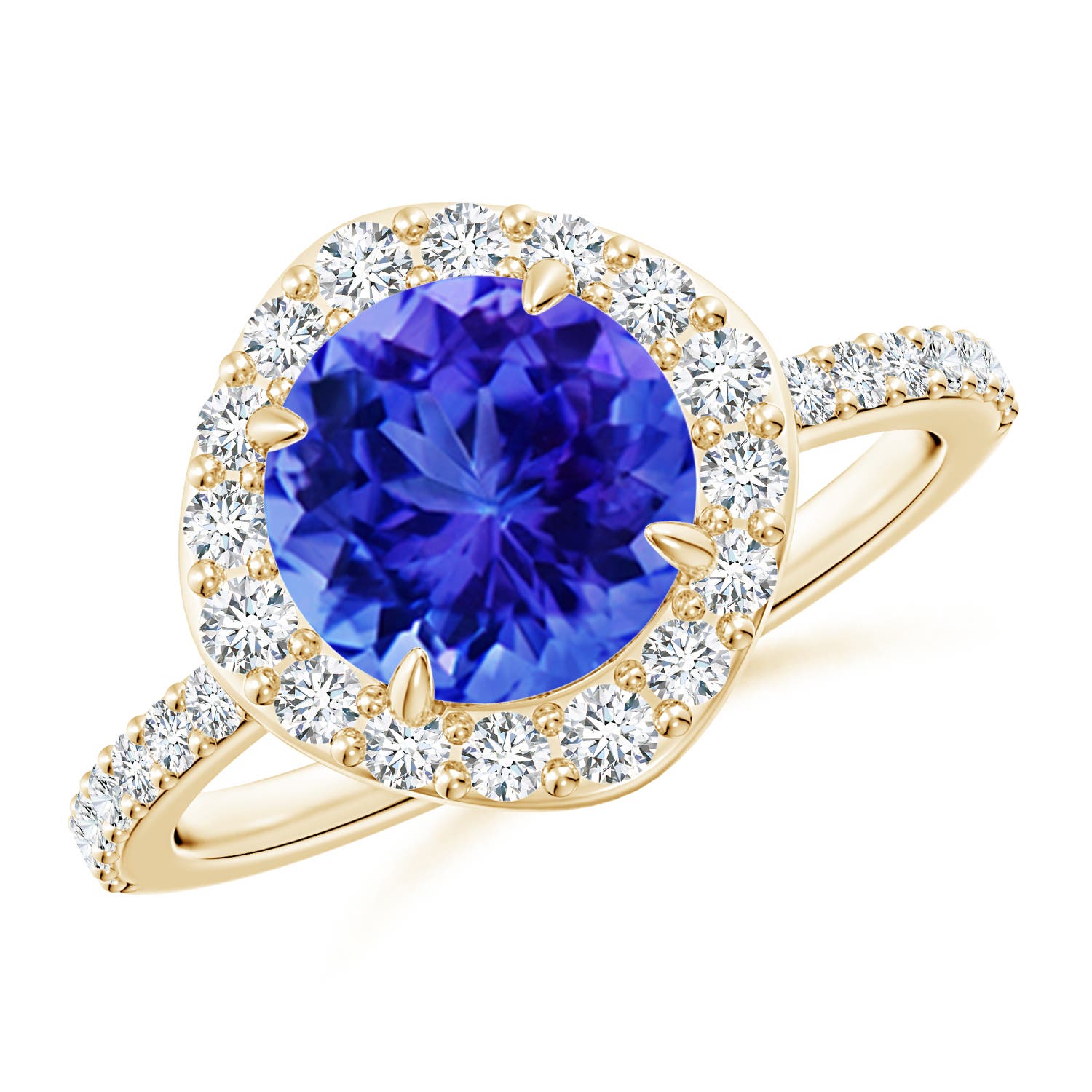 8mm AAA Vintage Style Claw-Set Round Tanzanite Halo Ring in 18CT Yellow Gold