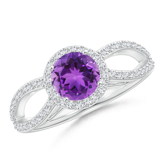 6mm AAA Vintage Style Amethyst Split Shank Ring with Diamond Halo in White Gold