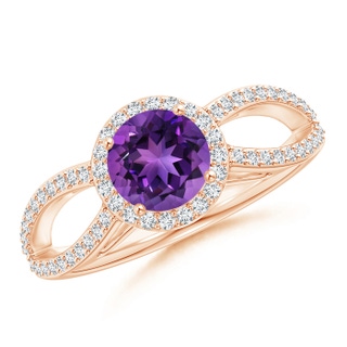 6mm AAAA Vintage Style Amethyst Split Shank Ring with Diamond Halo in Rose Gold