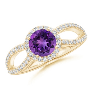 6mm AAAA Vintage Style Amethyst Split Shank Ring with Diamond Halo in Yellow Gold