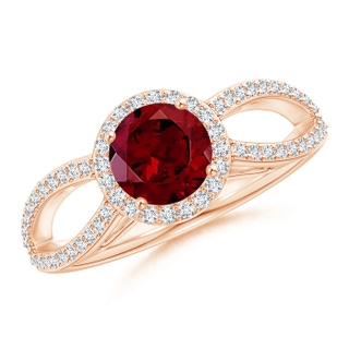 6mm AAA Vintage Style Garnet Split Shank Ring with Diamond Halo in Rose Gold