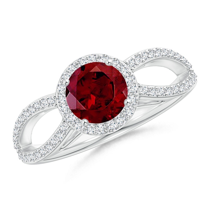 6mm AAA Vintage Style Garnet Split Shank Ring with Diamond Halo in White Gold