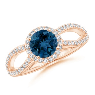 6mm AAA Vintage Style London Blue Topaz Spilt Shank Ring with Halo in Rose Gold