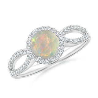 6mm AAAA Vintage Style Opal Split Shank Ring with Diamond Halo in White Gold