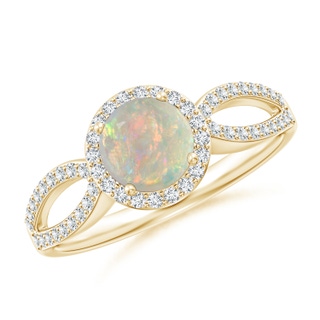 6mm AAAA Vintage Style Opal Split Shank Ring with Diamond Halo in Yellow Gold