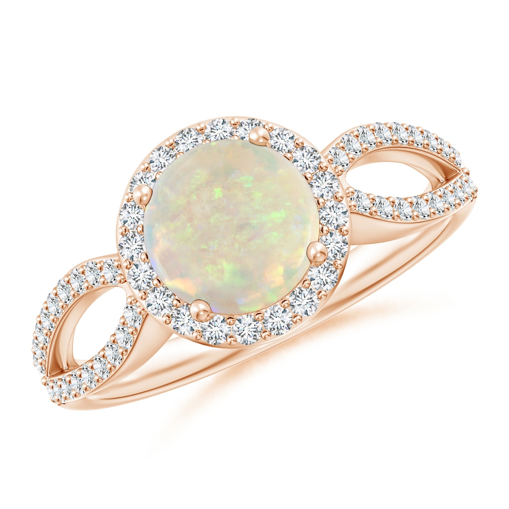 7mm AAA Vintage Style Opal Split Shank Ring with Diamond Halo in Rose Gold