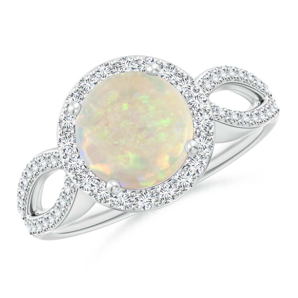 8mm AAA Vintage Style Opal Split Shank Ring with Diamond Halo in White Gold