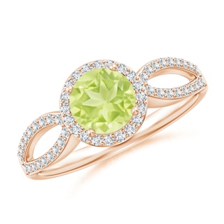6mm A Vintage Style Peridot Split Shank Ring with Diamond Halo in Rose Gold