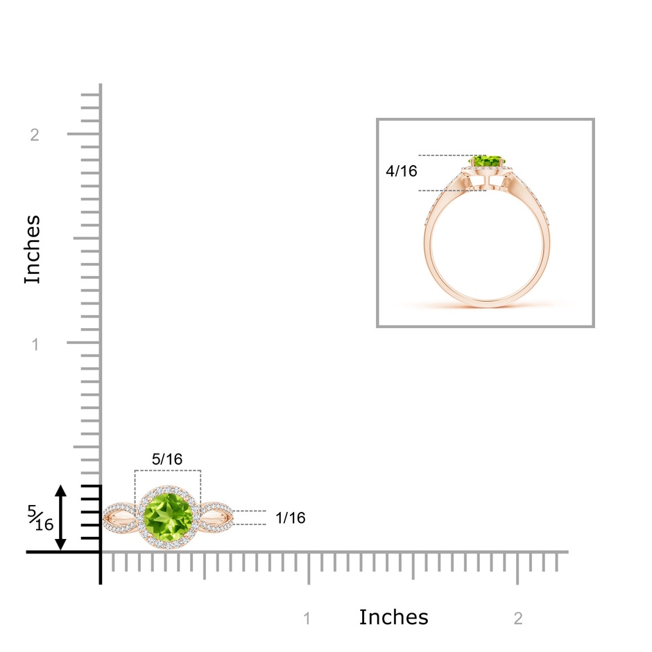 6mm AAA Vintage Style Peridot Split Shank Ring with Diamond Halo in Rose Gold ruler