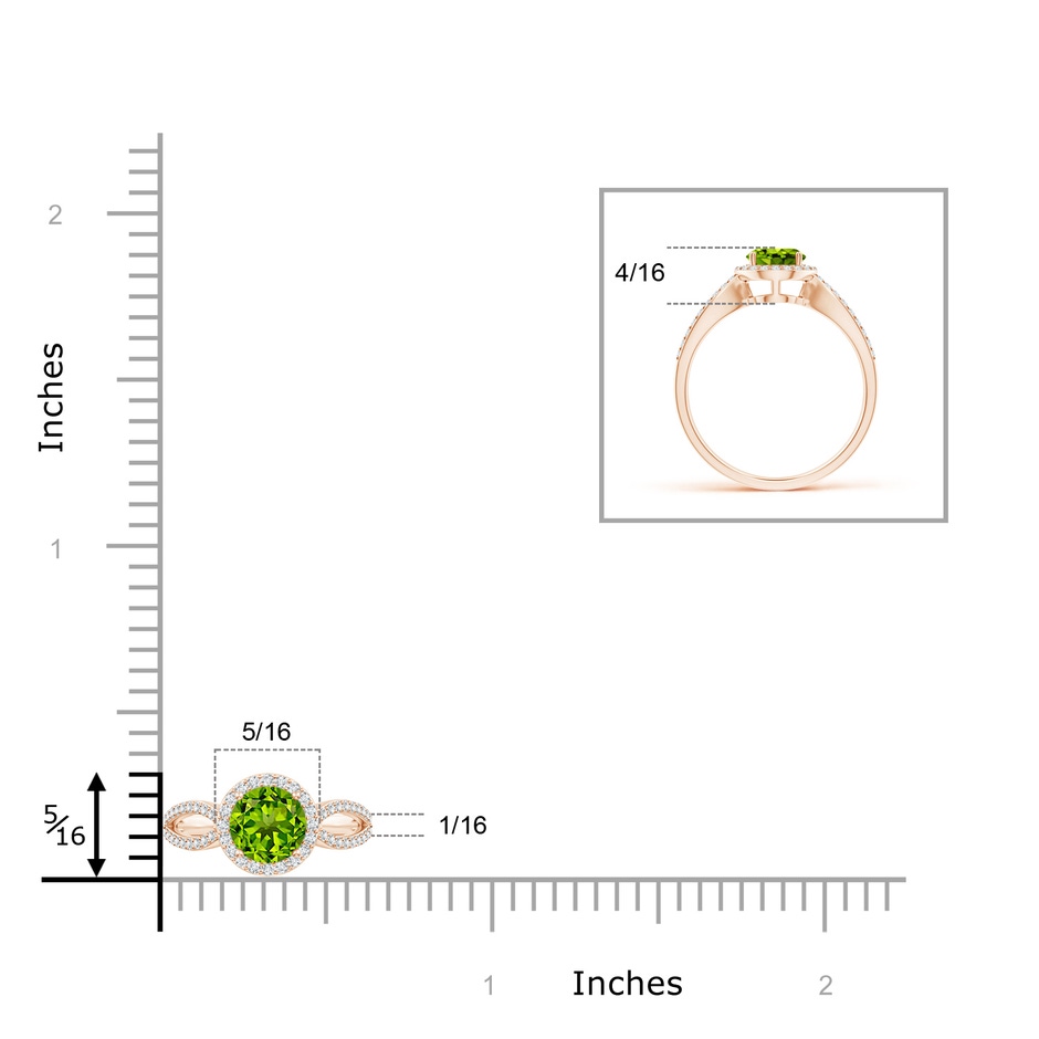 6mm AAAA Vintage Style Peridot Split Shank Ring with Diamond Halo in Rose Gold ruler