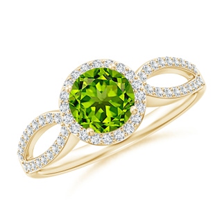 6mm AAAA Vintage Style Peridot Split Shank Ring with Diamond Halo in Yellow Gold