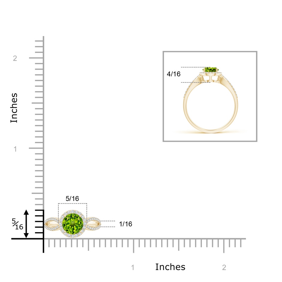 6mm AAAA Vintage Style Peridot Split Shank Ring with Diamond Halo in Yellow Gold ruler