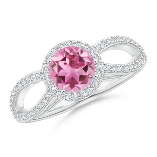 6mm AAA Vintage Style Pink Tourmaline Spilt Shank Ring with Halo in White Gold