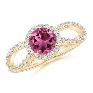 6mm AAAA Vintage Style Pink Tourmaline Spilt Shank Ring with Halo in Yellow Gold