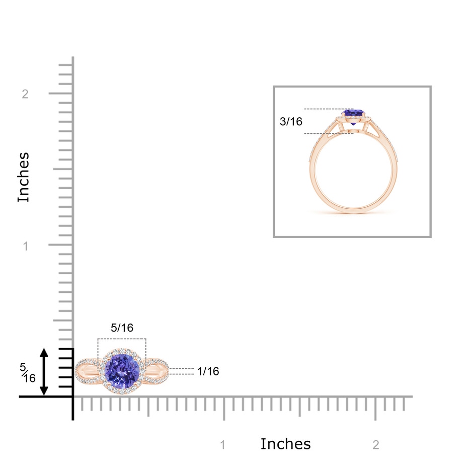 6mm AA Vintage Style Tanzanite Split Shank Ring with Diamond Halo in Rose Gold ruler