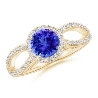 6mm AAA Vintage Style Tanzanite Split Shank Ring with Diamond Halo in 9K Yellow Gold