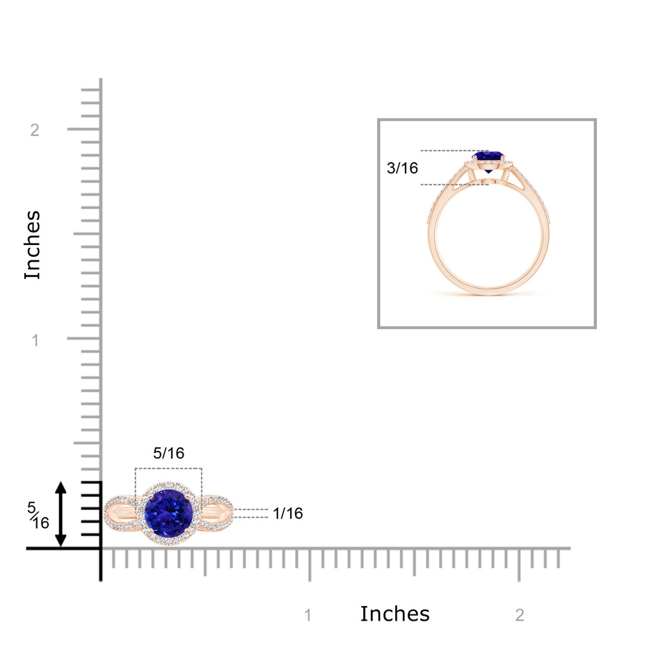 6mm AAAA Vintage Style Tanzanite Split Shank Ring with Diamond Halo in Rose Gold ruler