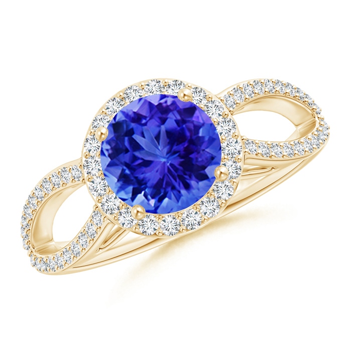 7mm AAA Vintage Style Tanzanite Split Shank Ring with Diamond Halo in Yellow Gold 