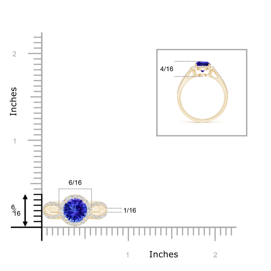 7mm AAA Vintage Style Tanzanite Split Shank Ring with Diamond Halo in Yellow Gold ruler