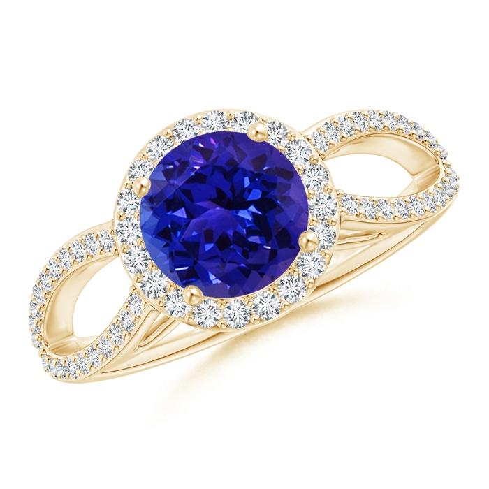 7mm AAAA Vintage Style Tanzanite Split Shank Ring with Diamond Halo in Yellow Gold 