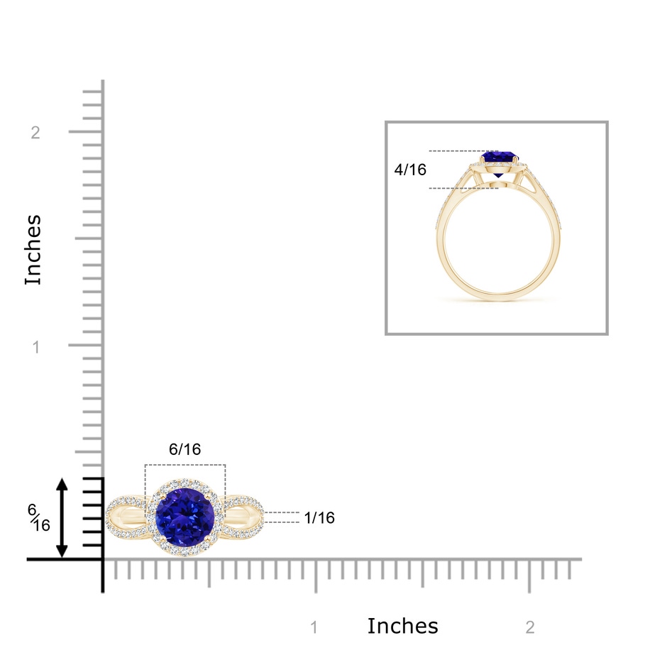 7mm AAAA Vintage Style Tanzanite Split Shank Ring with Diamond Halo in Yellow Gold ruler