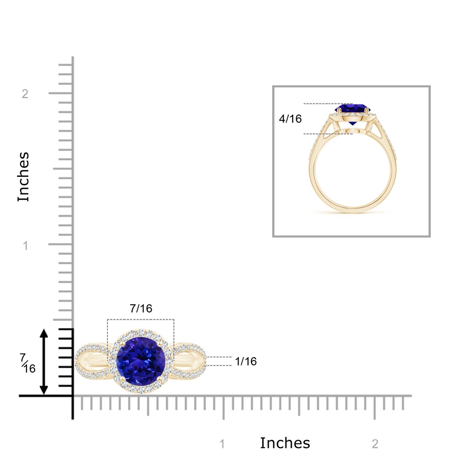 8mm AAAA Vintage Style Tanzanite Split Shank Ring with Diamond Halo in Yellow Gold ruler