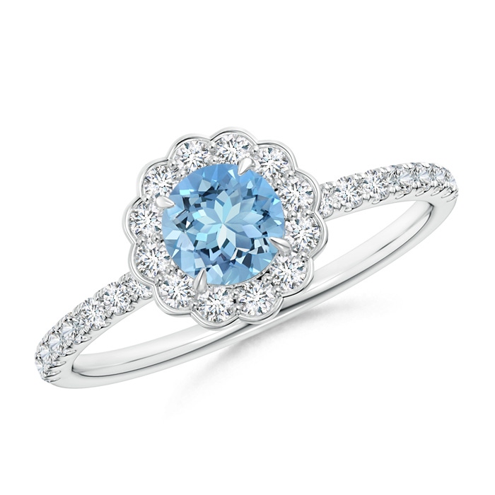 5mm AAAA Vintage Style Aquamarine Flower Ring with Diamond Accents in P950 Platinum