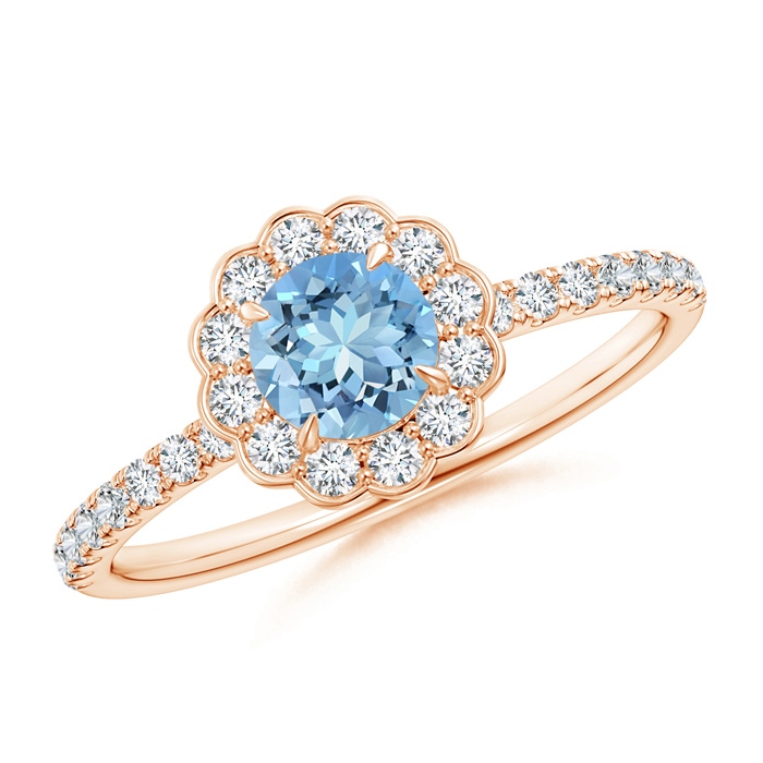 5mm AAAA Vintage Style Aquamarine Flower Ring with Diamond Accents in Rose Gold