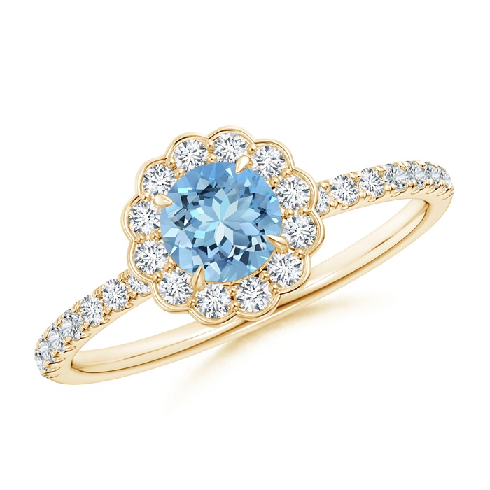 5mm AAAA Vintage Style Aquamarine Flower Ring with Diamond Accents in Yellow Gold