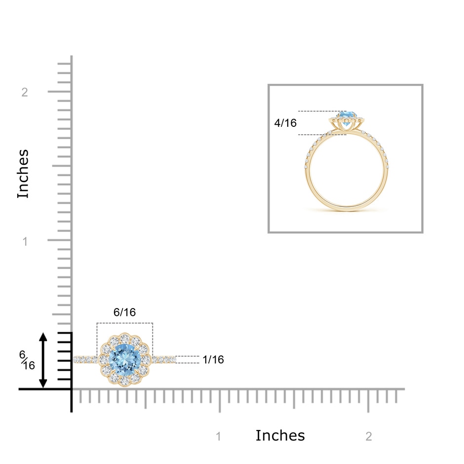 5mm AAAA Vintage Style Aquamarine Flower Ring with Diamond Accents in Yellow Gold ruler