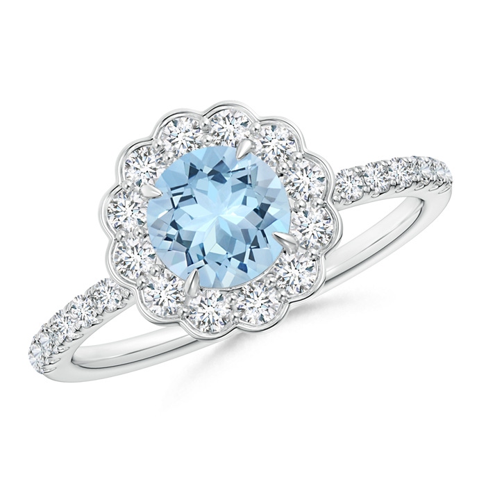 6mm AAA Vintage Style Aquamarine Flower Ring with Diamond Accents in White Gold