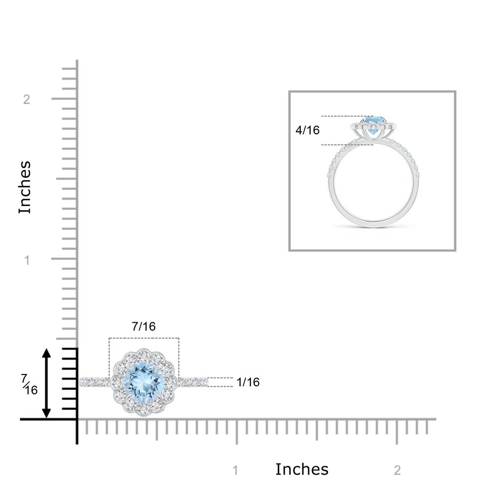 6mm AAA Vintage Style Aquamarine Flower Ring with Diamond Accents in White Gold Ruler