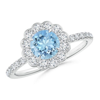 6mm AAAA Vintage Style Aquamarine Flower Ring with Diamond Accents in P950 Platinum