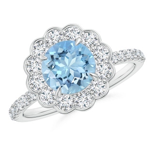 7mm AAAA Vintage Style Aquamarine Flower Ring with Diamond Accents in P950 Platinum