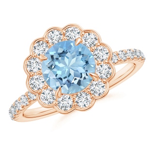 7mm AAAA Vintage Style Aquamarine Flower Ring with Diamond Accents in Rose Gold