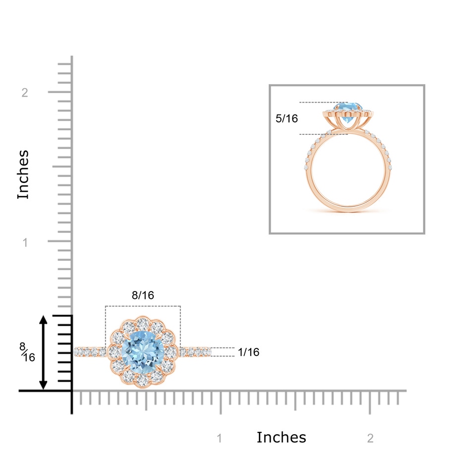 7mm AAAA Vintage Style Aquamarine Flower Ring with Diamond Accents in Rose Gold ruler