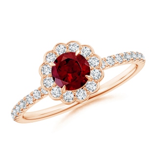 5mm AAA Vintage Style Garnet Flower Ring with Diamond Accents in Rose Gold