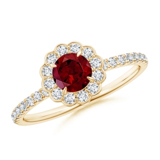 5mm AAA Vintage Style Garnet Flower Ring with Diamond Accents in Yellow Gold