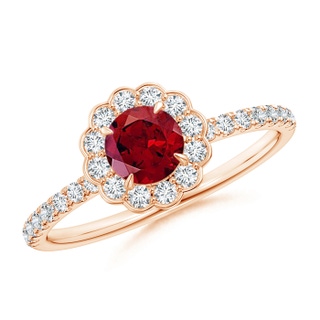 5mm AAAA Vintage Style Garnet Flower Ring with Diamond Accents in Rose Gold