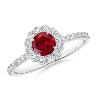 5mm AAAA Vintage Style Garnet Flower Ring with Diamond Accents in White Gold