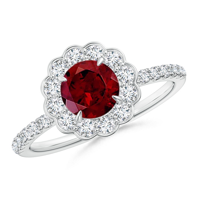 6mm AAA Vintage Style Garnet Flower Ring with Diamond Accents in White Gold 